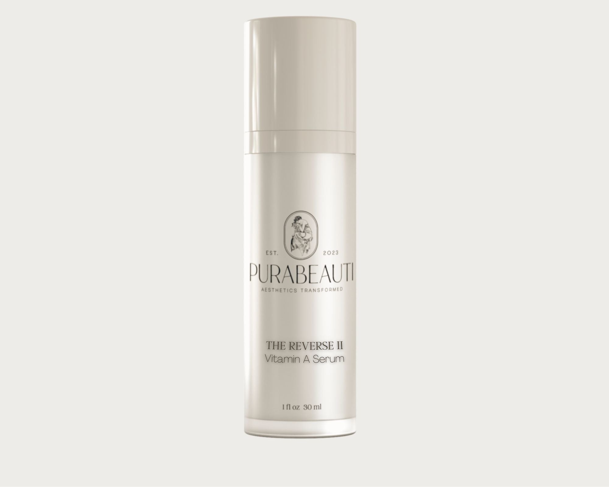 Vitamin A serum The Reverse II Skincare serum bottle labeled Purabeauti on a light gray background