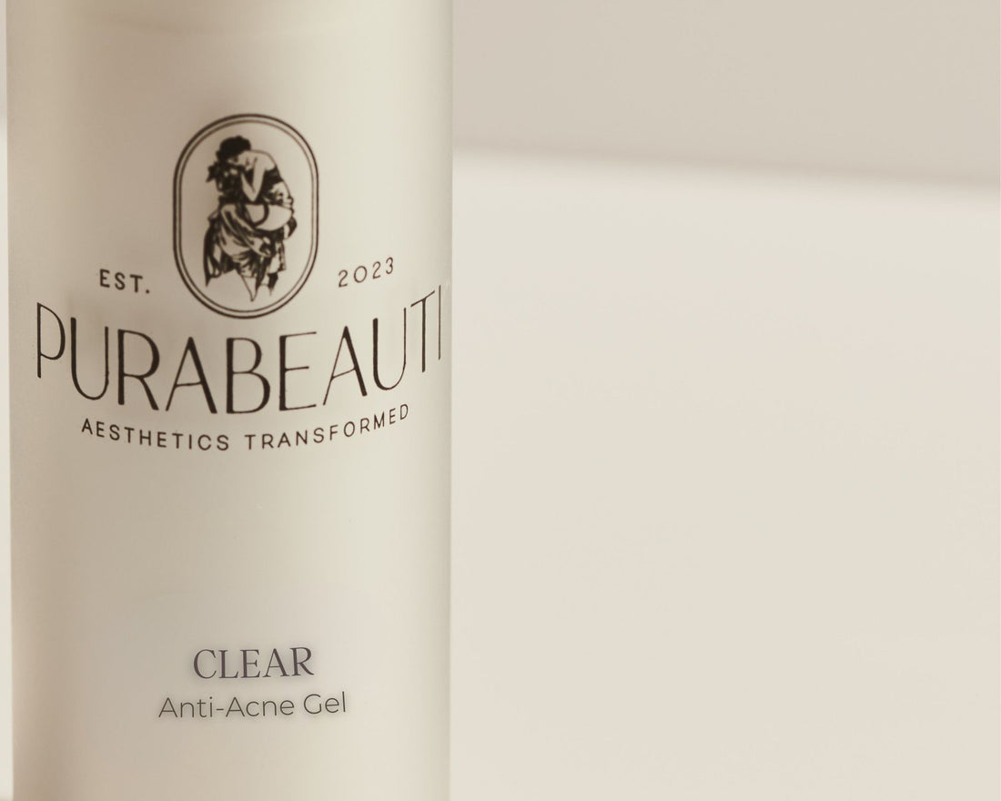 Purabeauti Anti Acne Gel bottle with brand logo and product name on a light background non drying non-irritating  benzoyl peroxide 