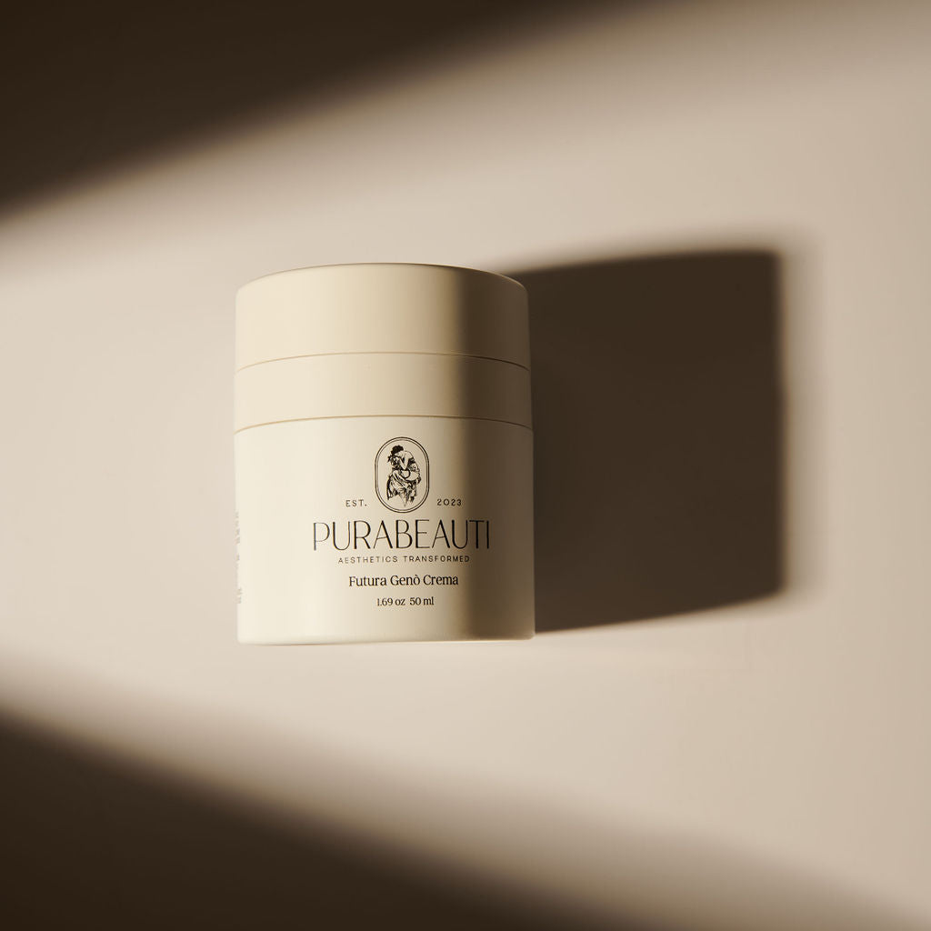 A jar of Futura Genò Crema by Purabeauti positioned on a surface with a shadow cast over it.