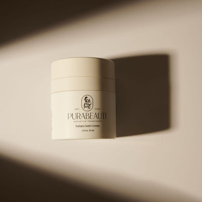 A jar of Futura Genò Crema by Purabeauti positioned on a surface with a shadow cast over it.
