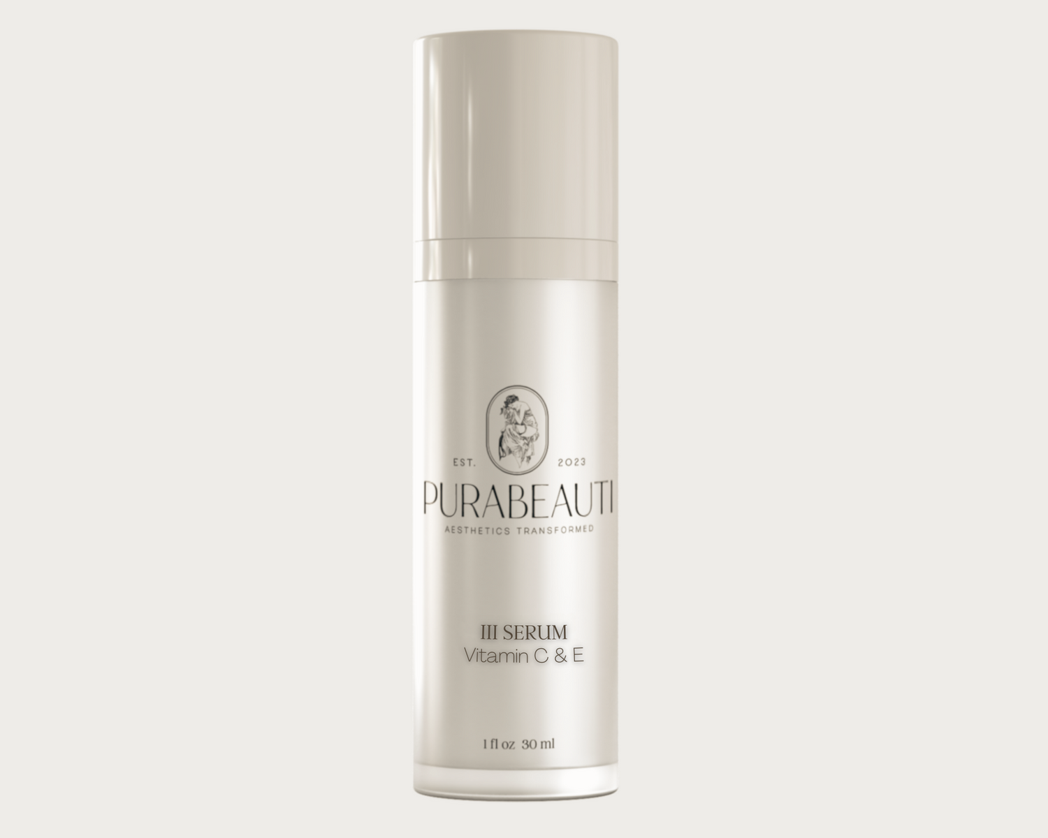 A white bottle with a pump dispenser labeled Purabeauti III Serum Vitamin C &amp; E 