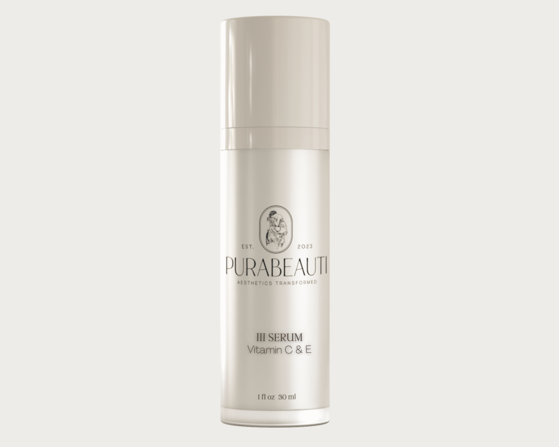 A white bottle with a pump dispenser labeled Purabeauti III Serum Vitamin C &amp; E 