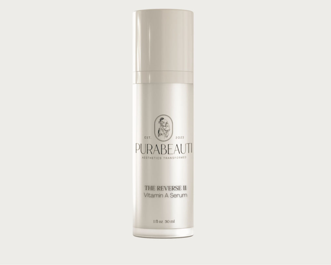 Vitamin A serum The Reverse II Skincare serum bottle labeled Purabeauti on a light gray background