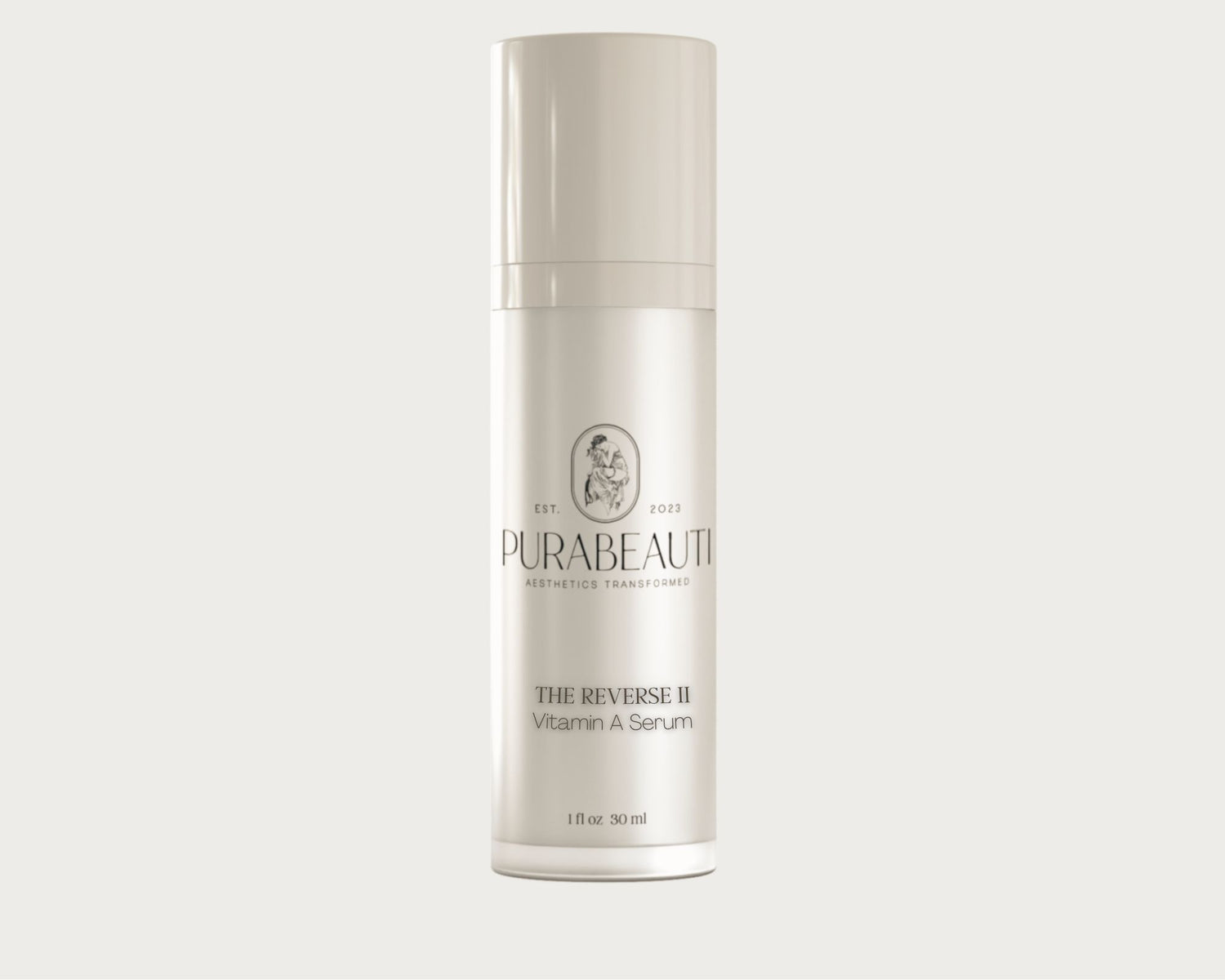 Vitamin A serum The Reverse II Skincare serum bottle labeled Purabeauti on a light gray background